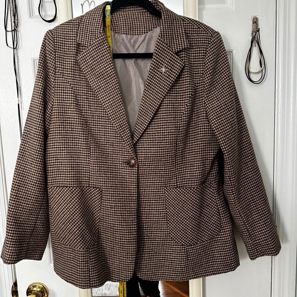 Womens Classic Houndstooth Blazer Jacket Brown Tan Single‎ Button Pockets